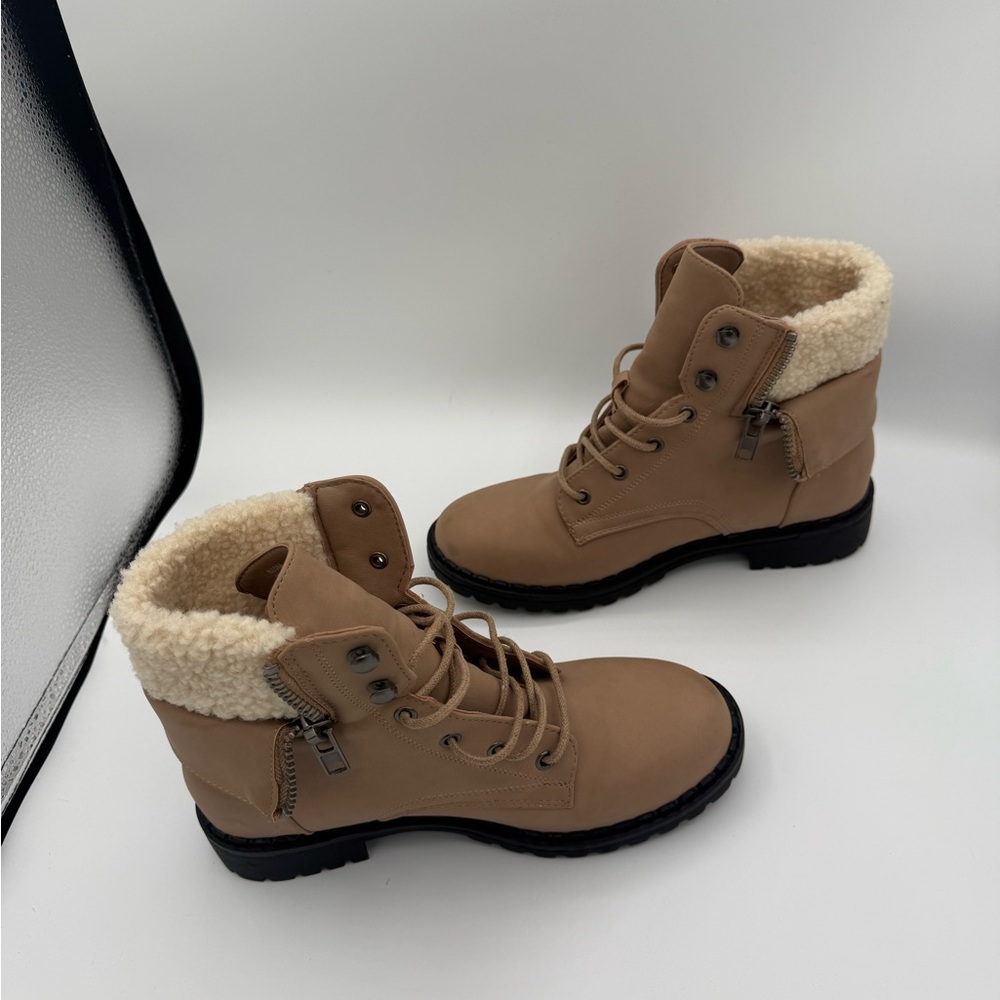 JustFab Tan Combat Boots with Faux Fur